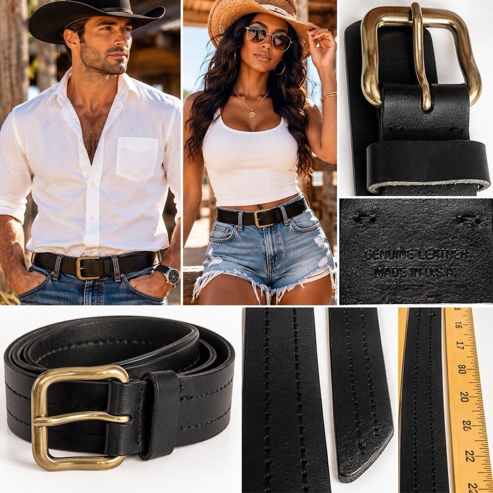 Genuine Leather Belt Black USA Brass Buckle Western Cowboy Work His Her VtG 44